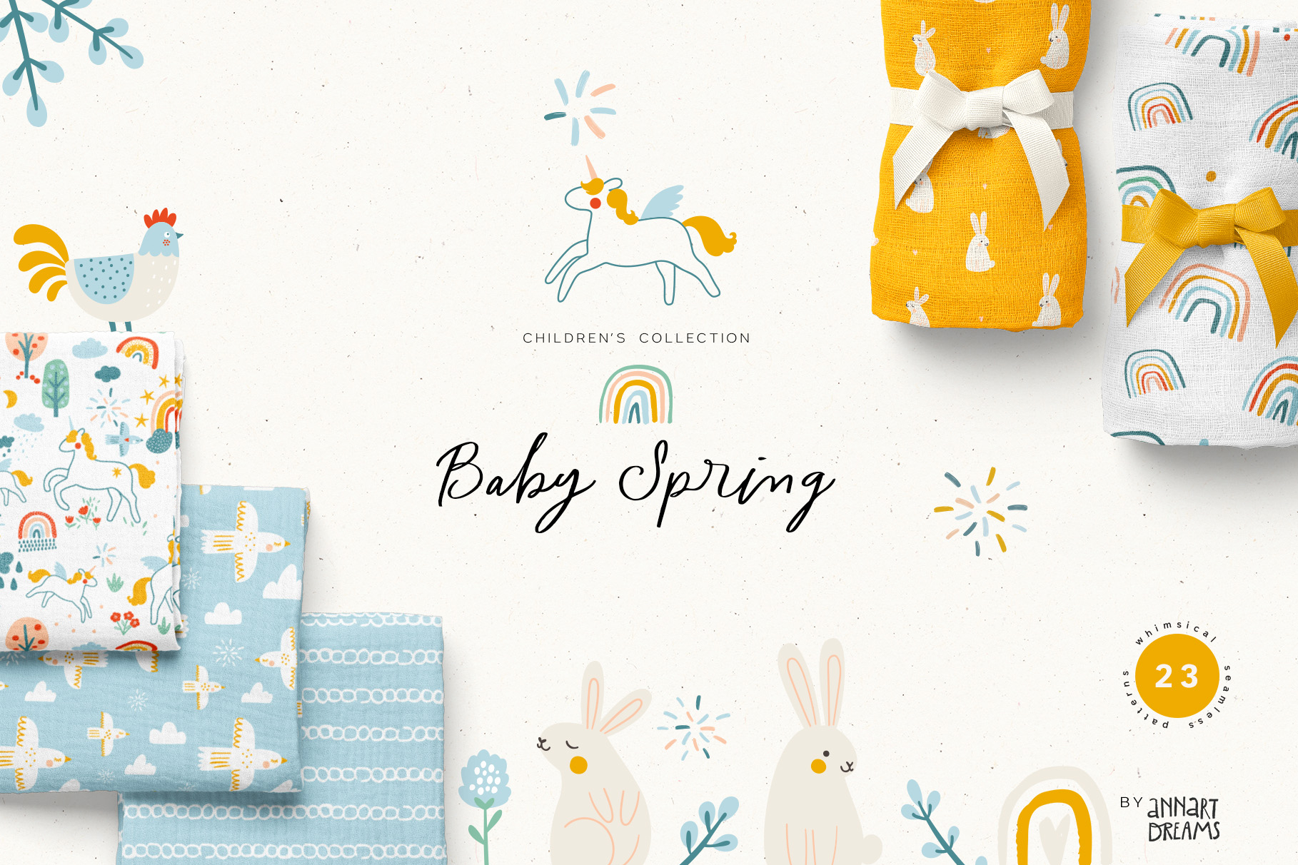 easter, baby pattern, kids design, unicorn, rabbit, rainbow, illustration, pattern design, spring