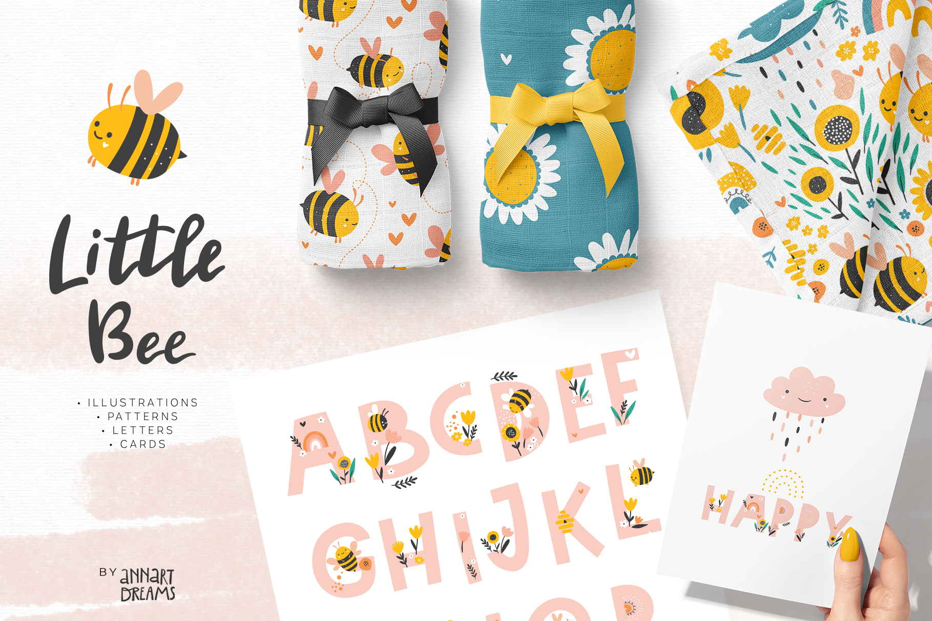 bee, honey bee, clipart, kids illustration, rainbow, pattern, bee illustration, flowers, baby shower, kids design