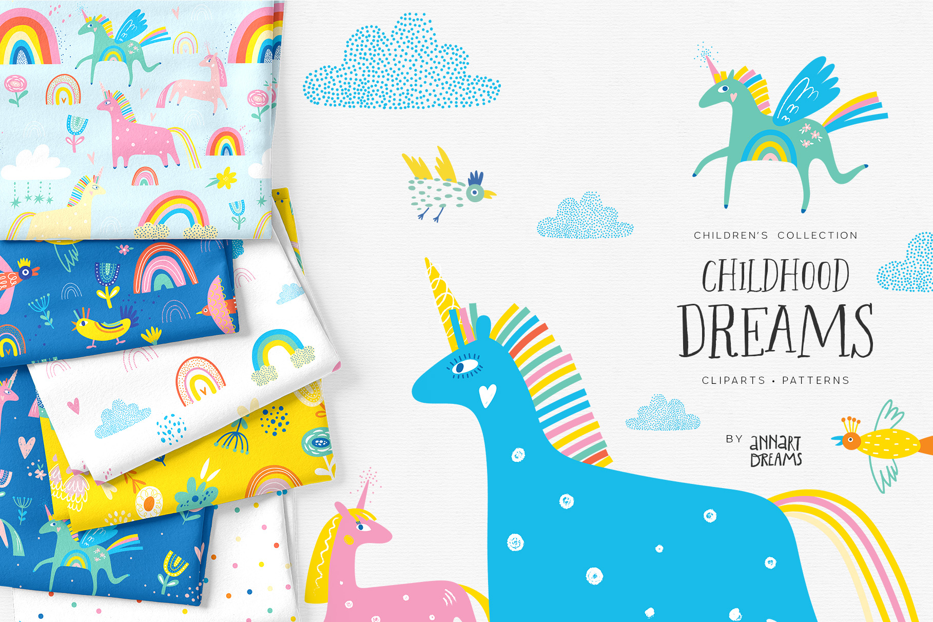 unicorn, rainbow, bird, abstract, kids illustration, clipart, pattern, nursery, vector