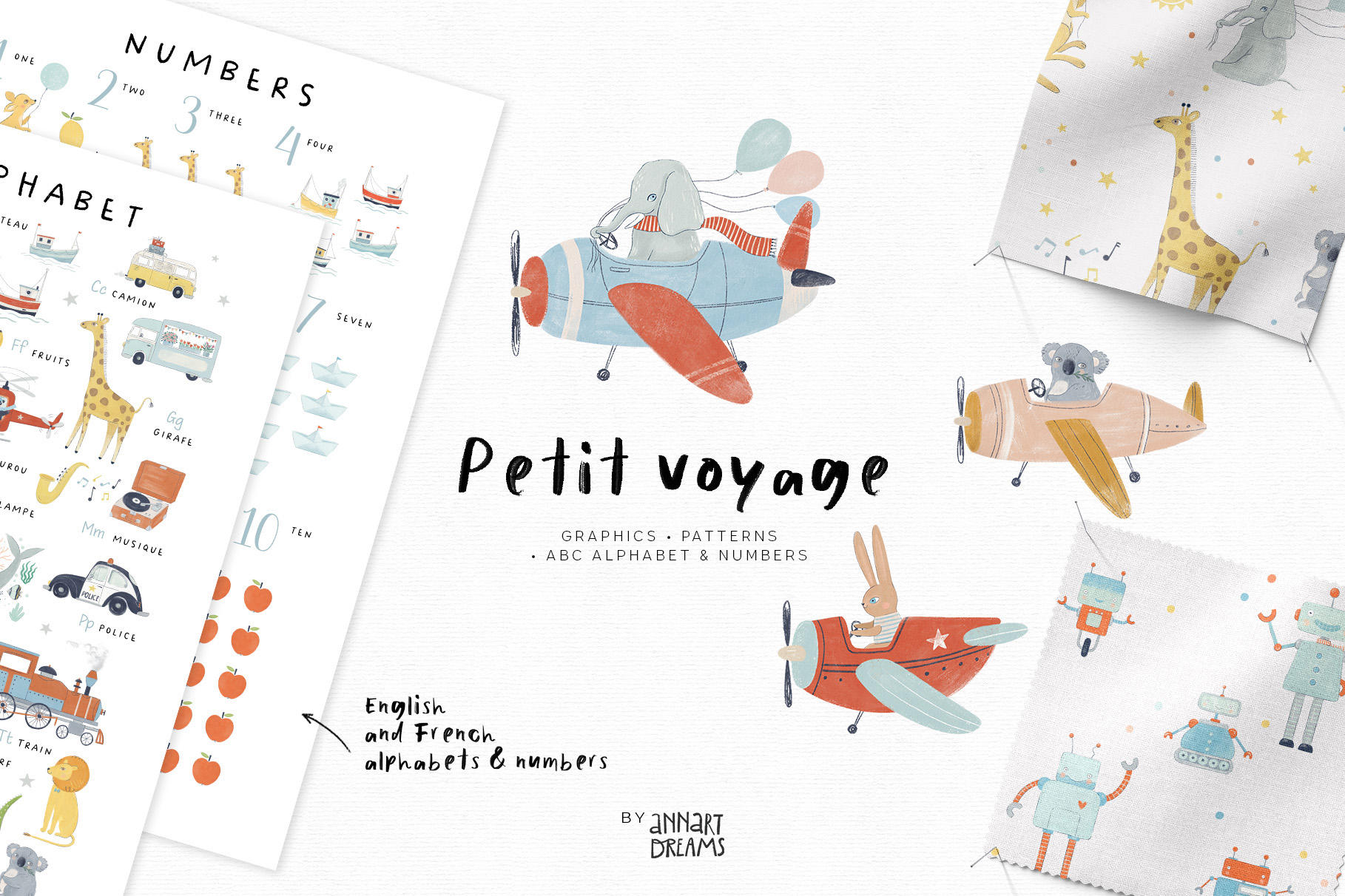 alphabet, children illustration, animal, clipart, car, airplane, boat, train, pattern, nursery art