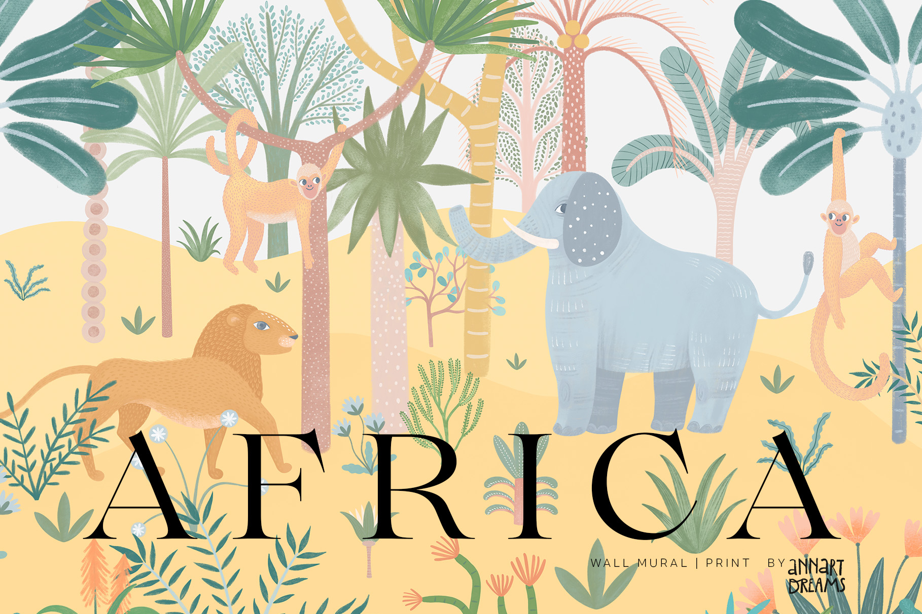 Africa, mural, wall art, children illustration, animal, tiger, elephant, monkey, giraffe, leopard, palm, floral
