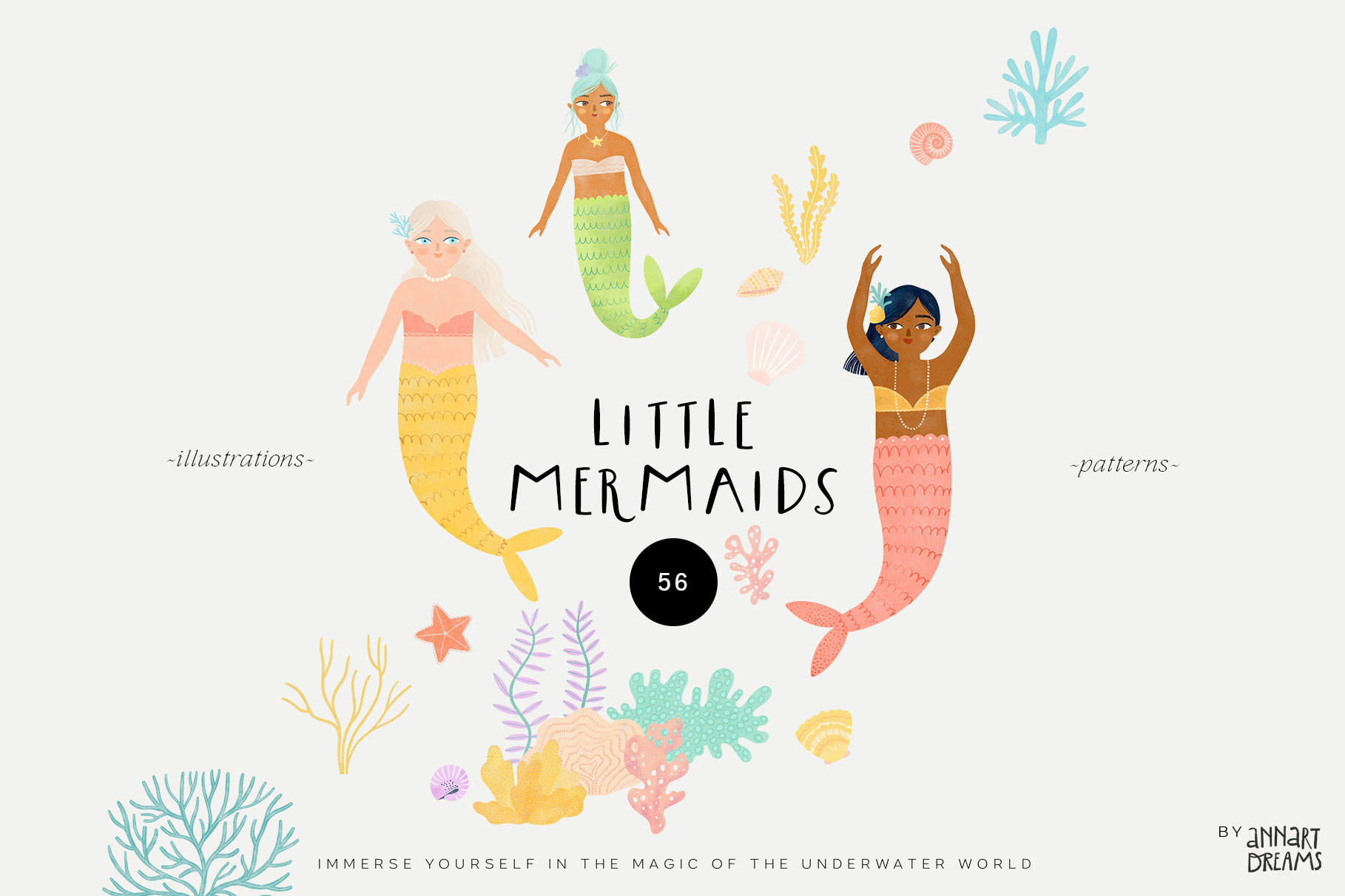 little mermaid, mermaid pattern, wall sticker, mermaid clipart, pattern, nursery decor, sea plant, coral, seashell