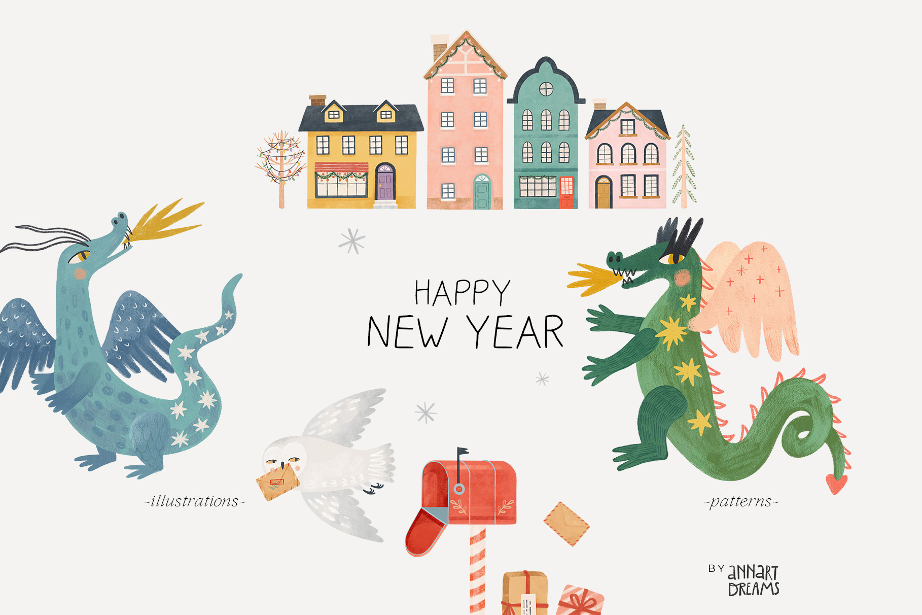 Happy New Year, Christmas, Dragon, Illustration, Seamless Pattern, Amsterdam house, Winter pattern