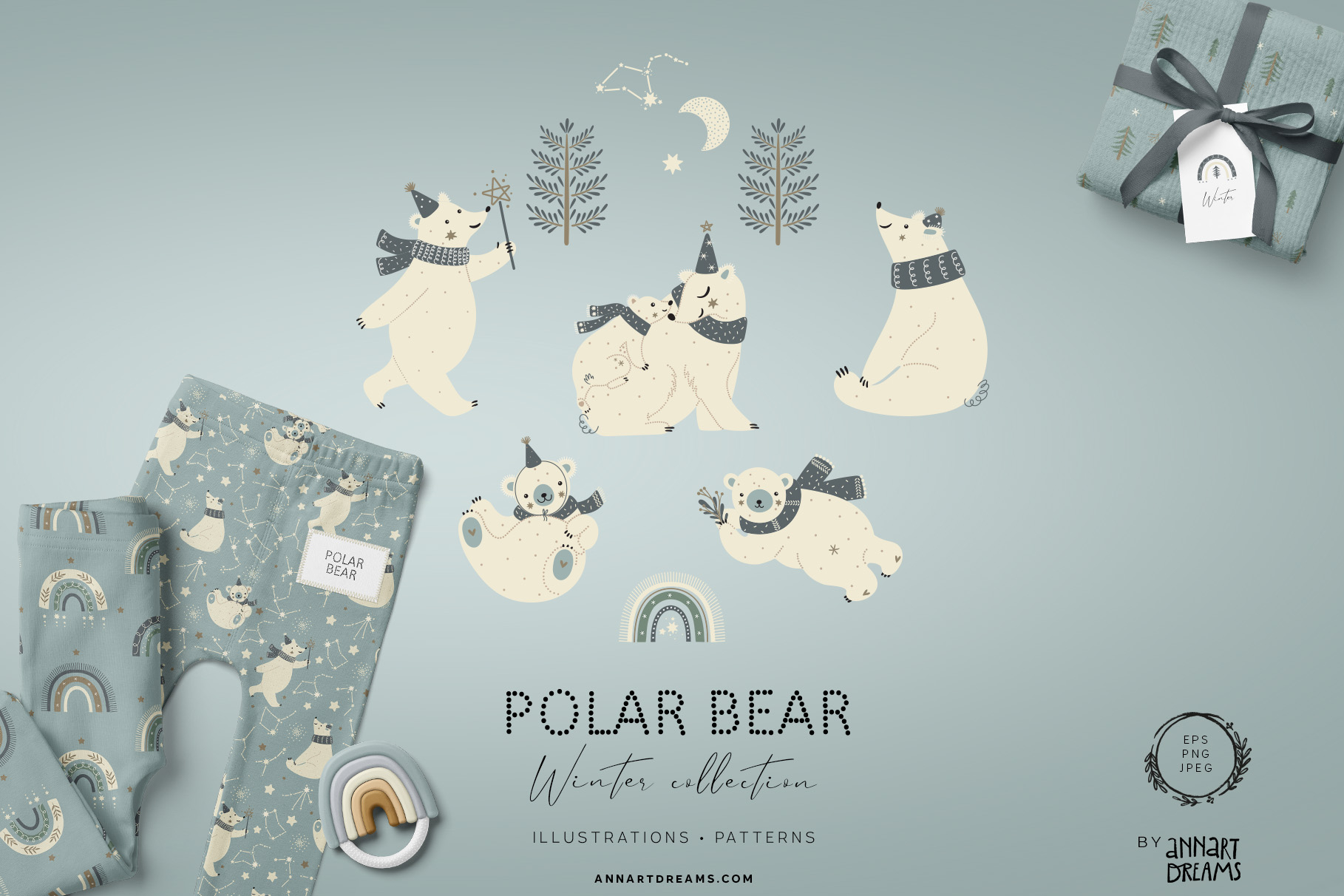 kids illustration, polar bear illustration, clipart, pattern, vector, children's design, textile design