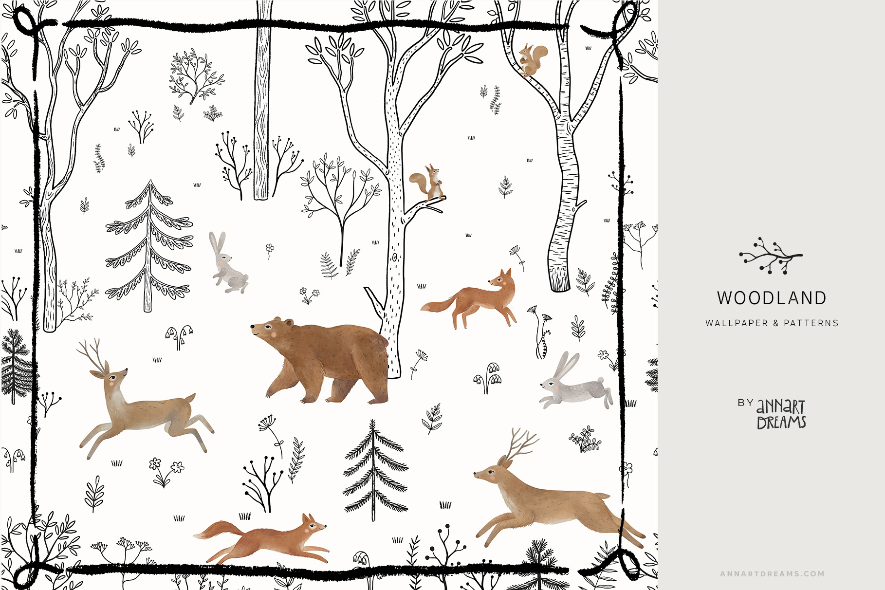 Wall mural, Woodland wallpaper, Forest illustration, Kids design, Kids illustration, Bear, Deer, Fox, Hare, Squirrel