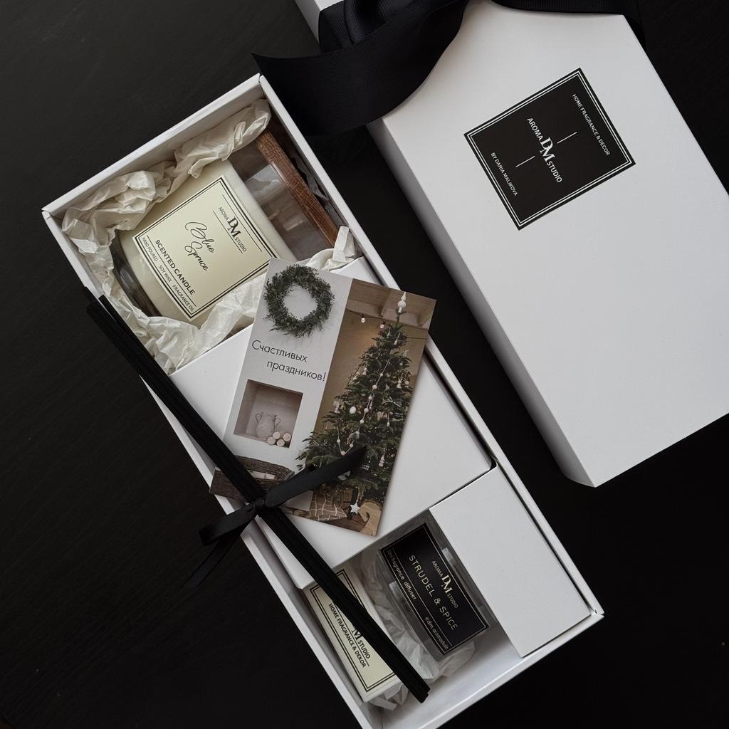 Новогодний большой подарочный бокс "ароматическая свеча + аромадиффузор "