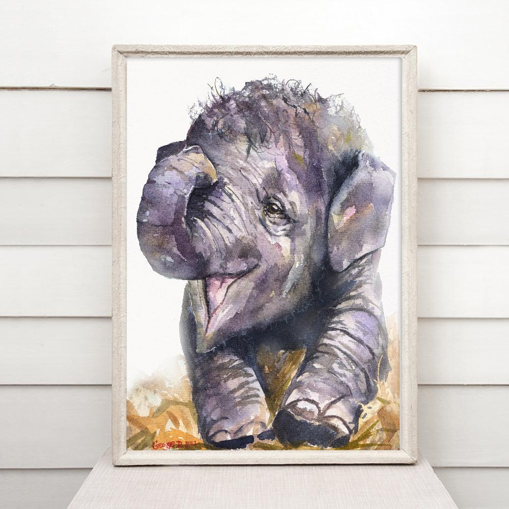 Print "Happy elephant baby" | Watercolor