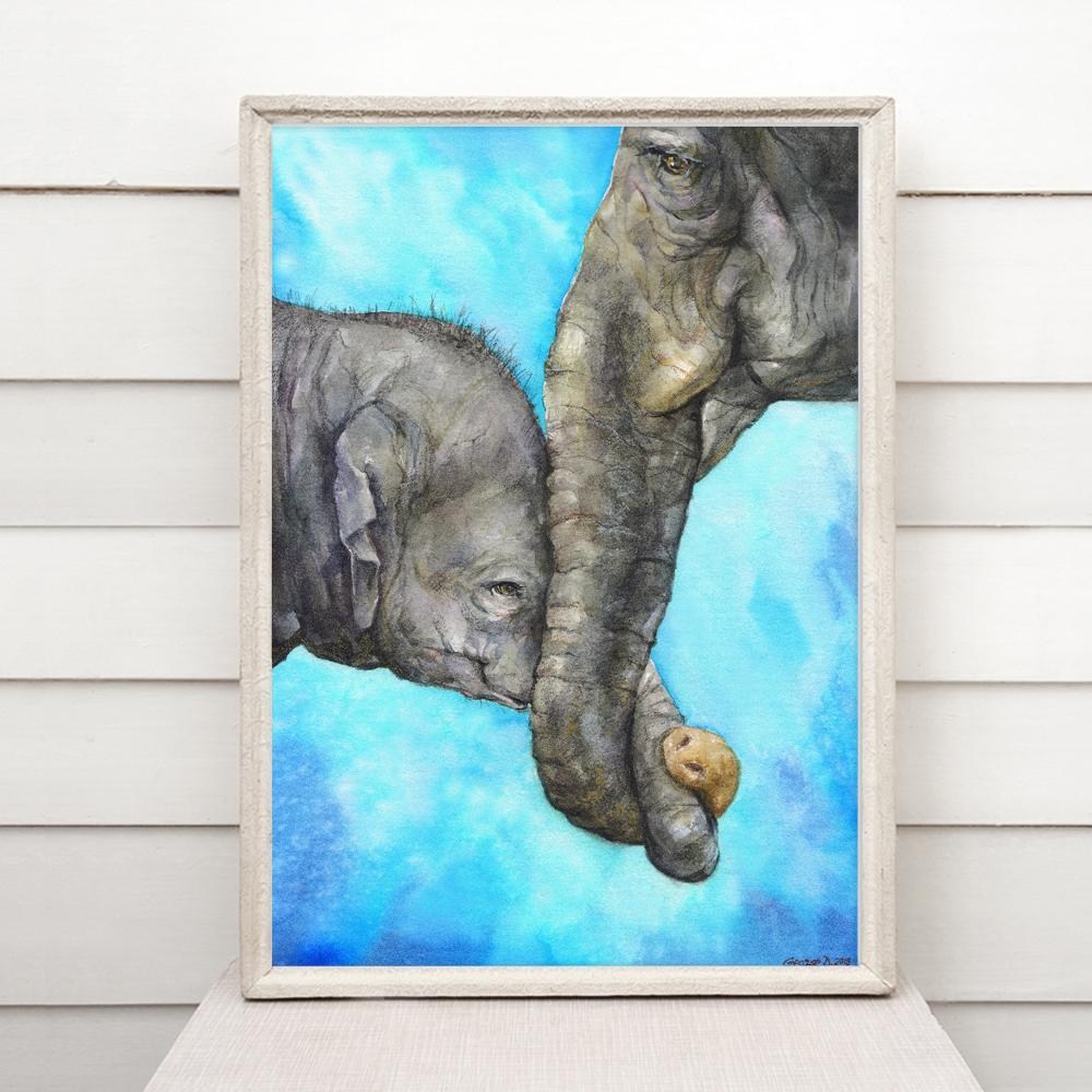 Print "Mother and elephant baby" | Watercolor