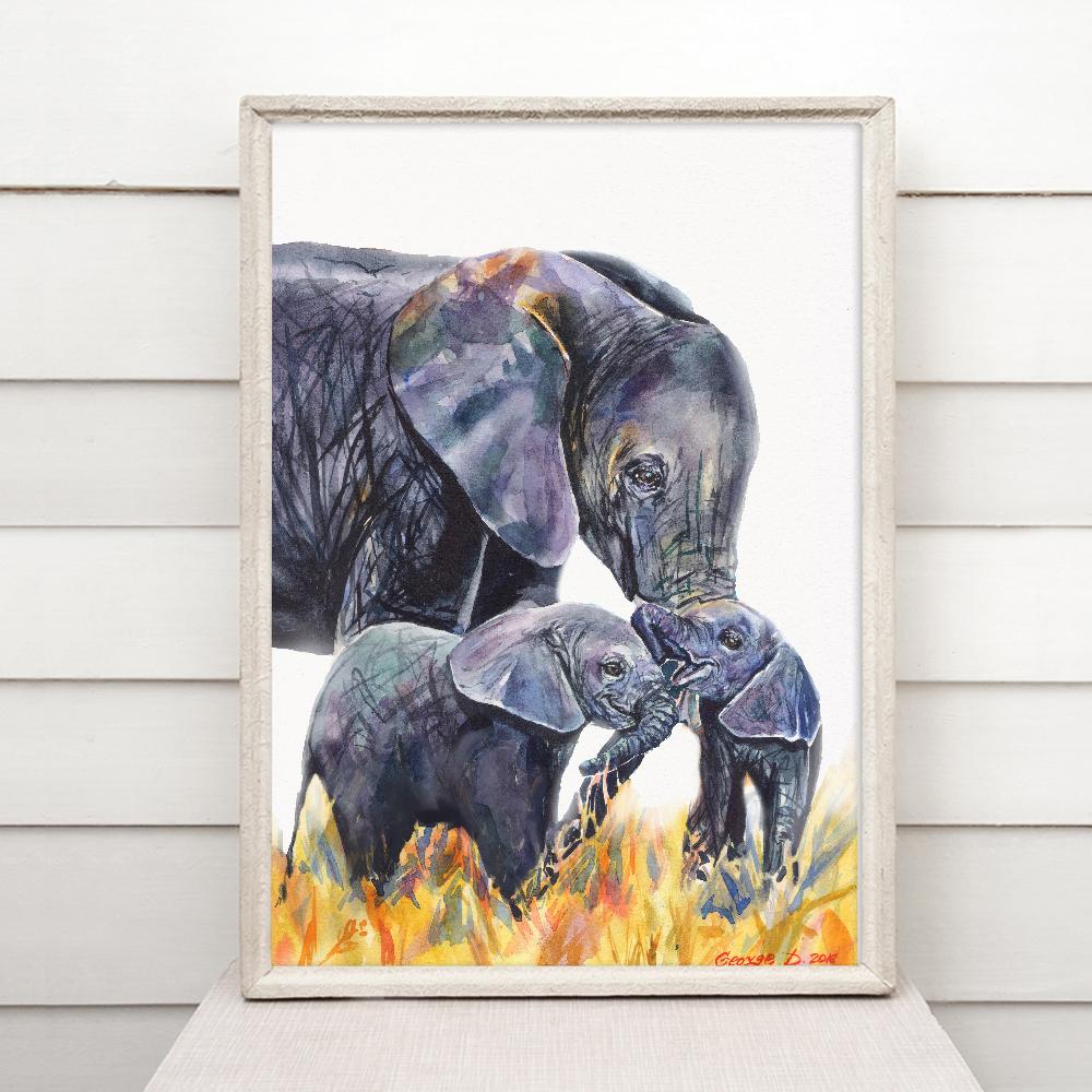 Print "Mother and little elephants" | Watercolor