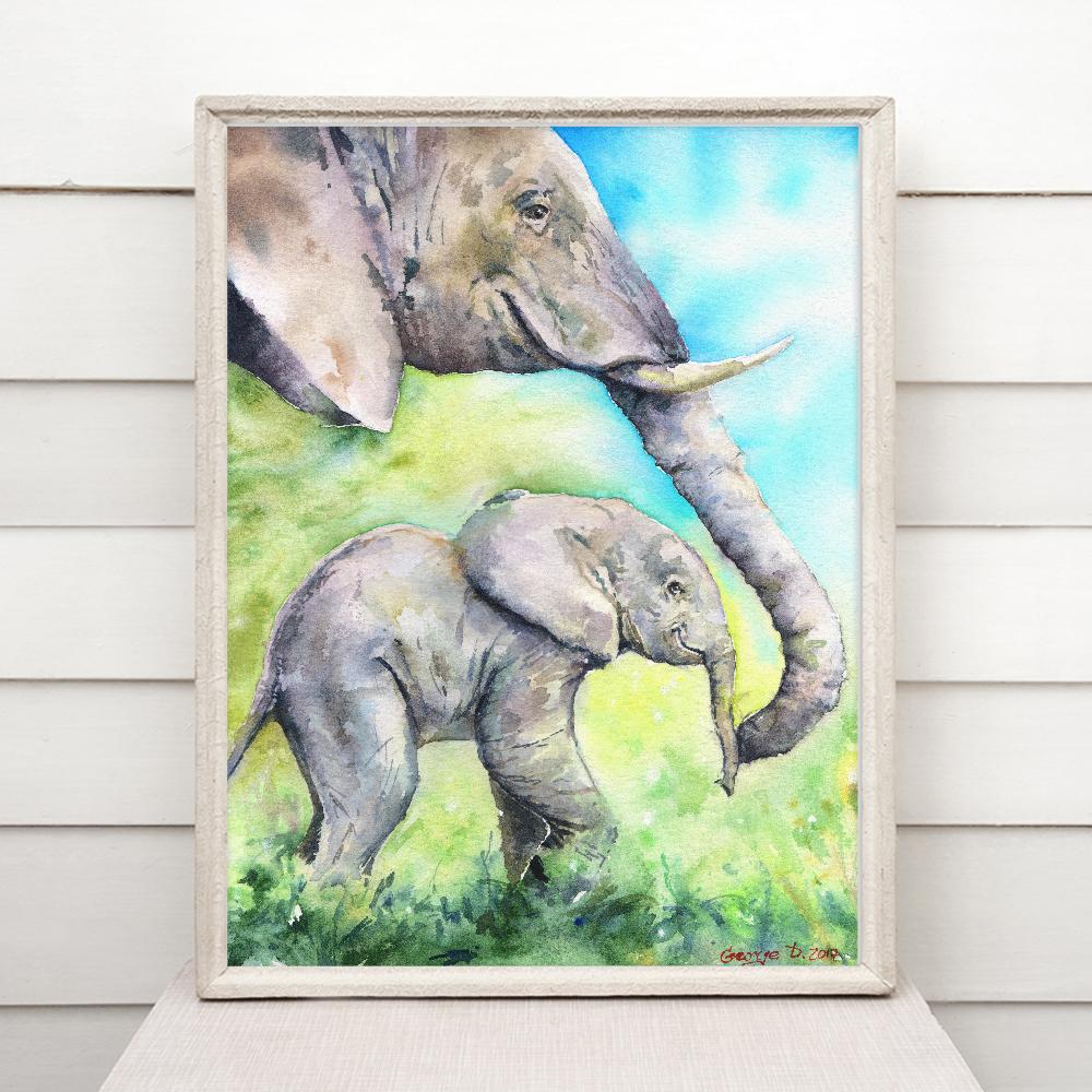 Print "Mother and elephant baby" | Watercolor