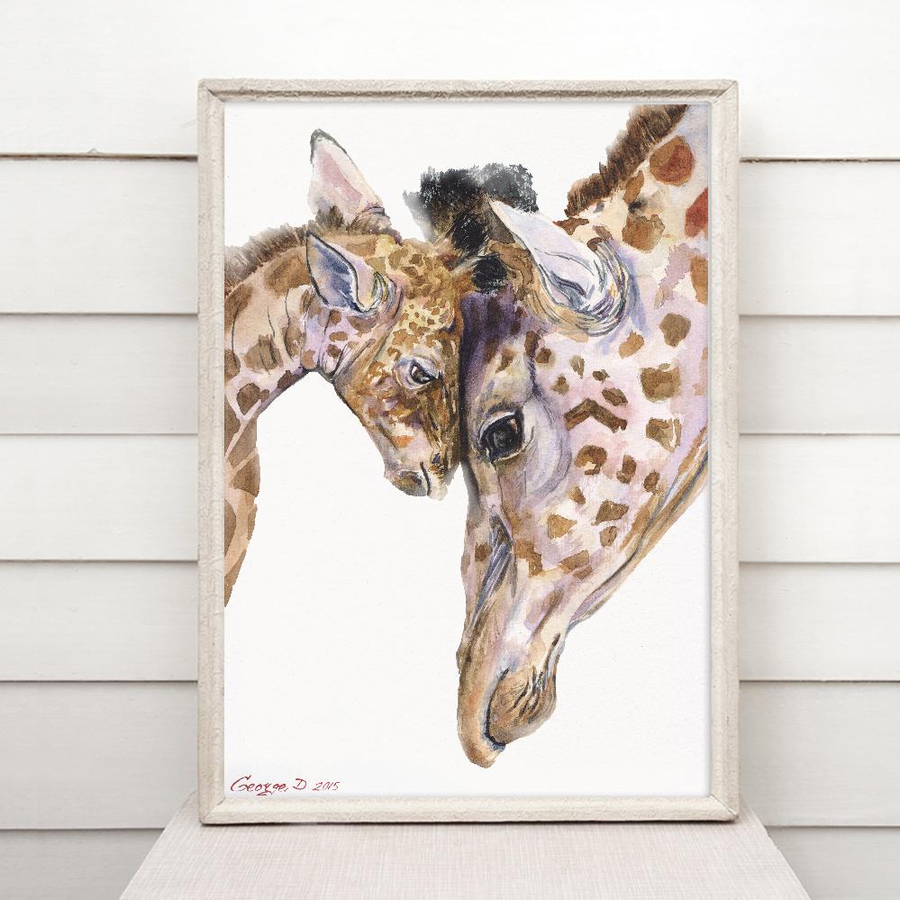 Print "Mother and giraffe baby" | Watercolor