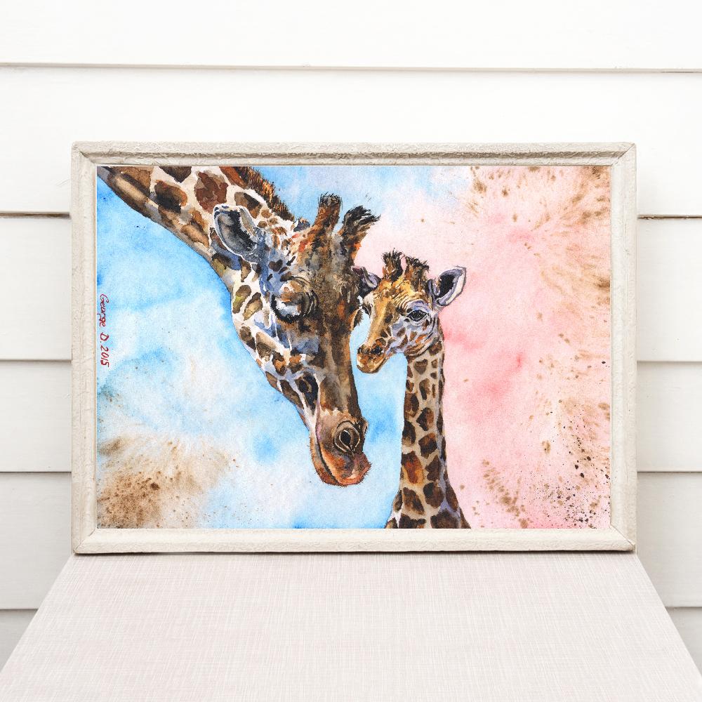 Print "Mother and giraffe baby" | Watercolor