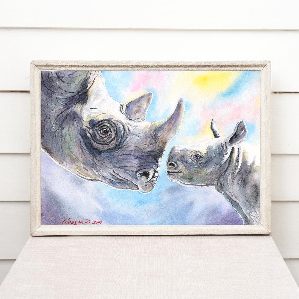 Print "Mother and rhino baby" | Watercolor