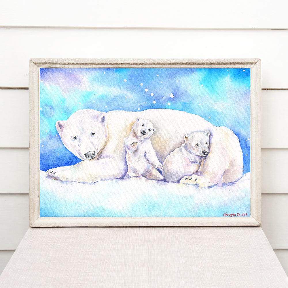 Print "Mother with polar bear cubs" | Watercolor