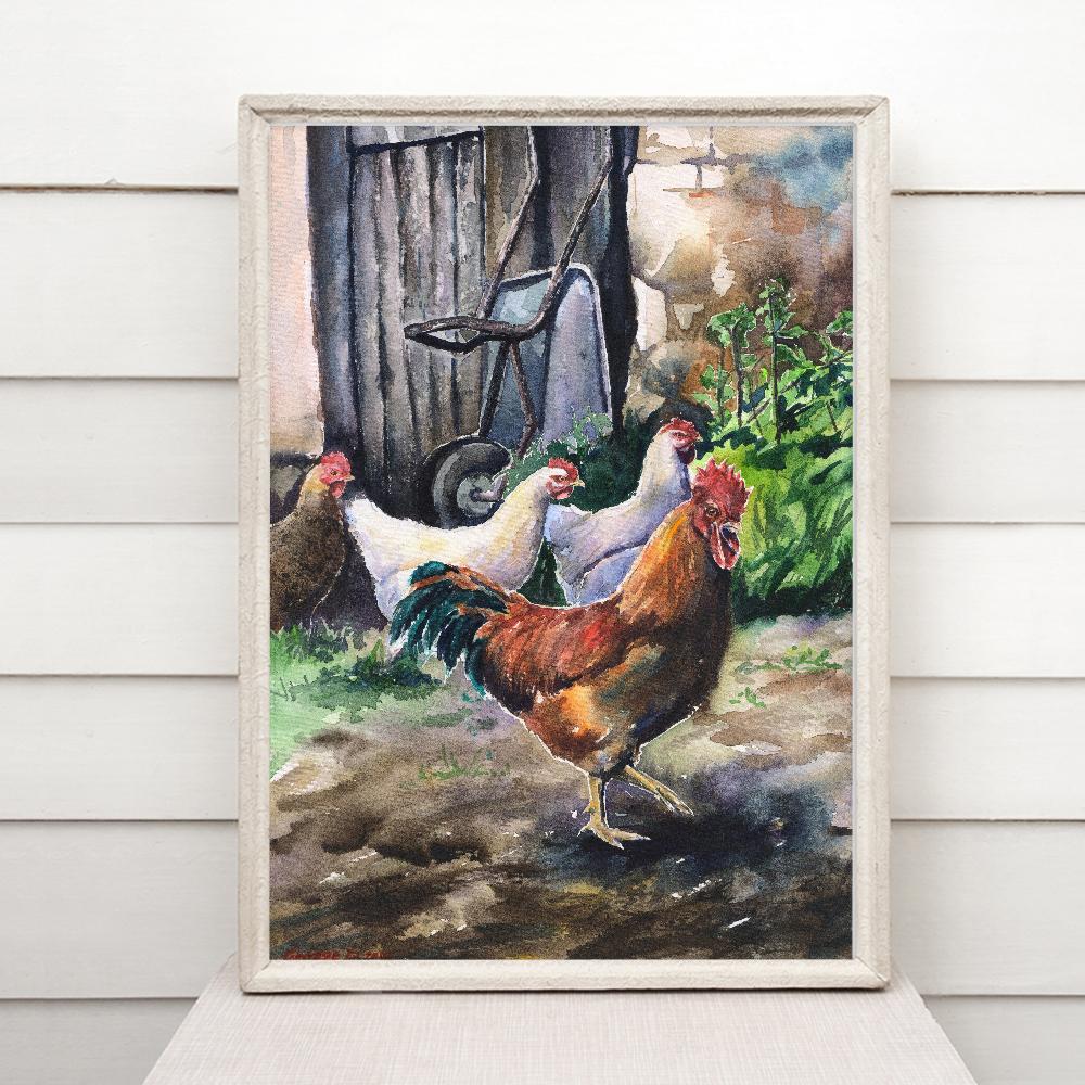 Print "Rooster and chickens" | Watercolor