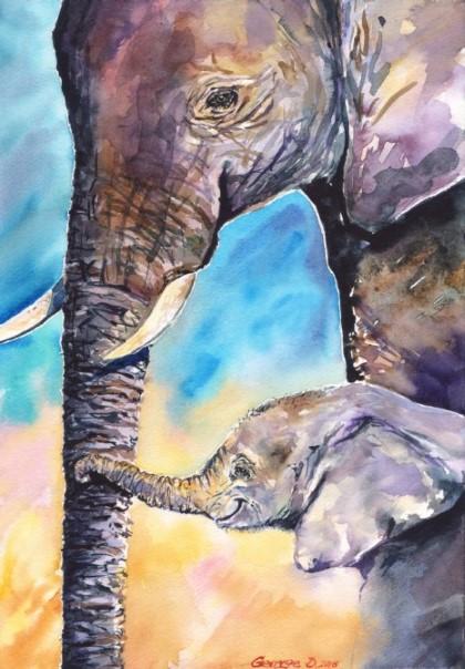Print "Elephant baby and mother" | Watercolor