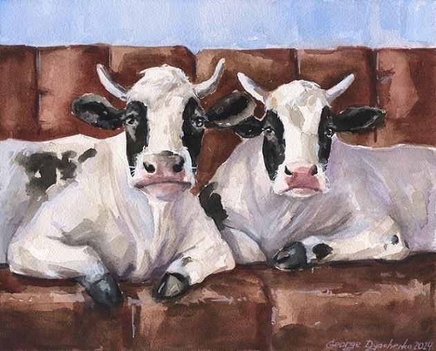 Print "Two cows on sofa" | Watercolor