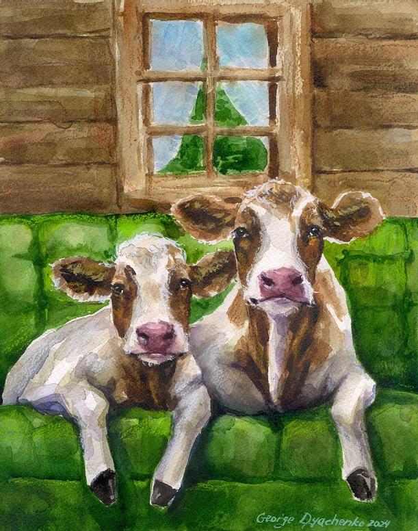Print "Cow and her baby on sofa" | Watercolor