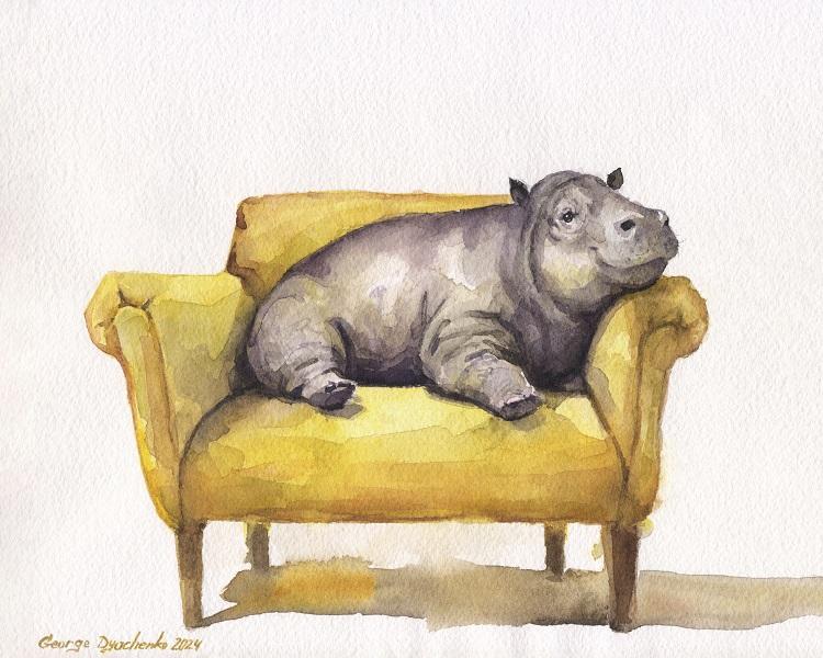 Print "Happy Hippo on chair" | Watercolor