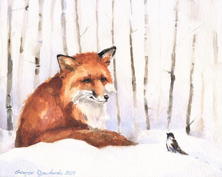 Print "Foxy and sparrow" | Watercolor