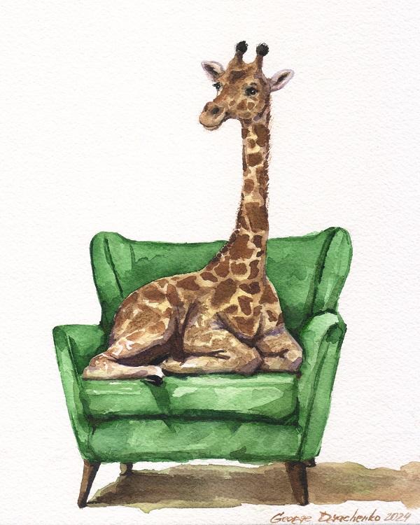 Print "Happy Giraffe on chair" | Watercolor | Vertical composition