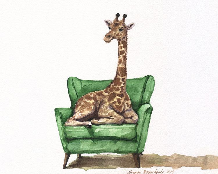 Print "Happy Giraffe on chair" | Watercolor | Horizontal composition
