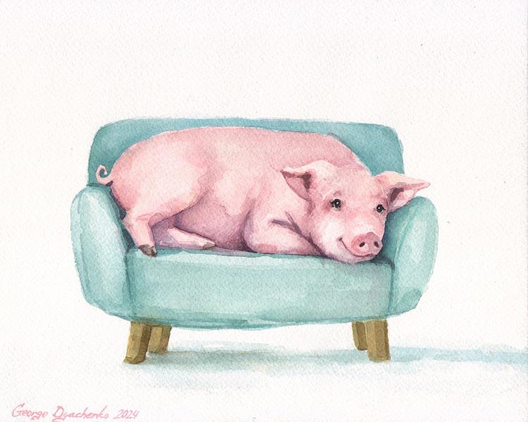 Print "Happy piglet on chair" | Watercolor