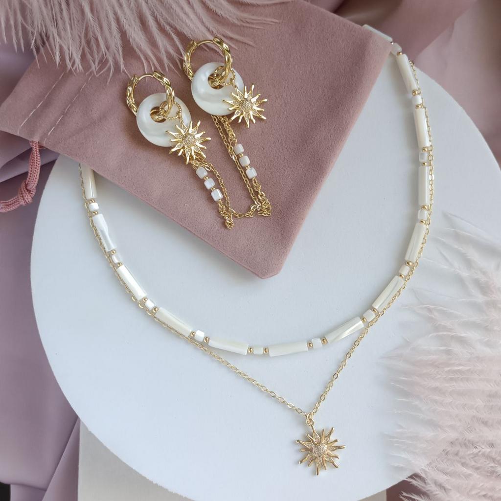 Серьги, чокер и кулон на цепочке с натуральным перламутром и солнцем с фианитами