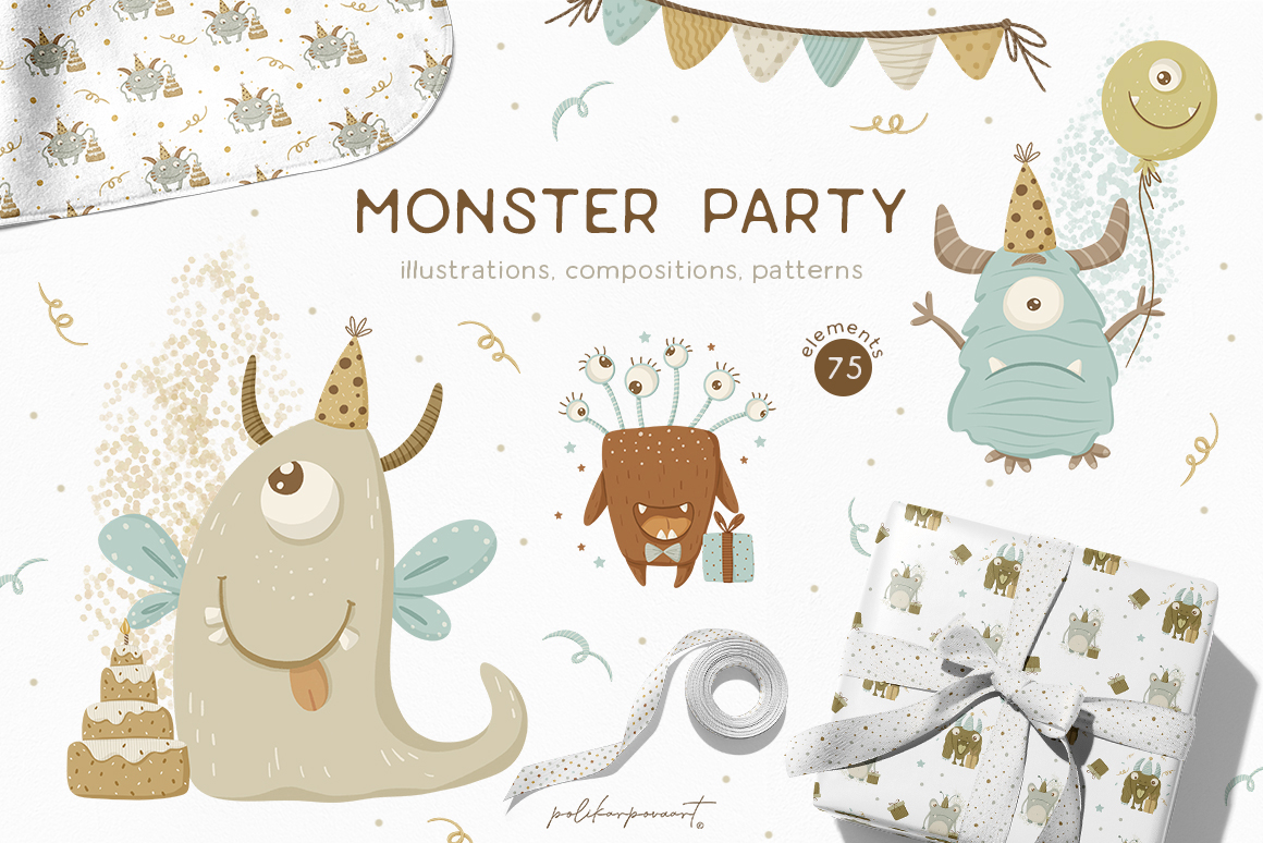 Collection "Monster Party" - graphic illustrations and seamless patterns