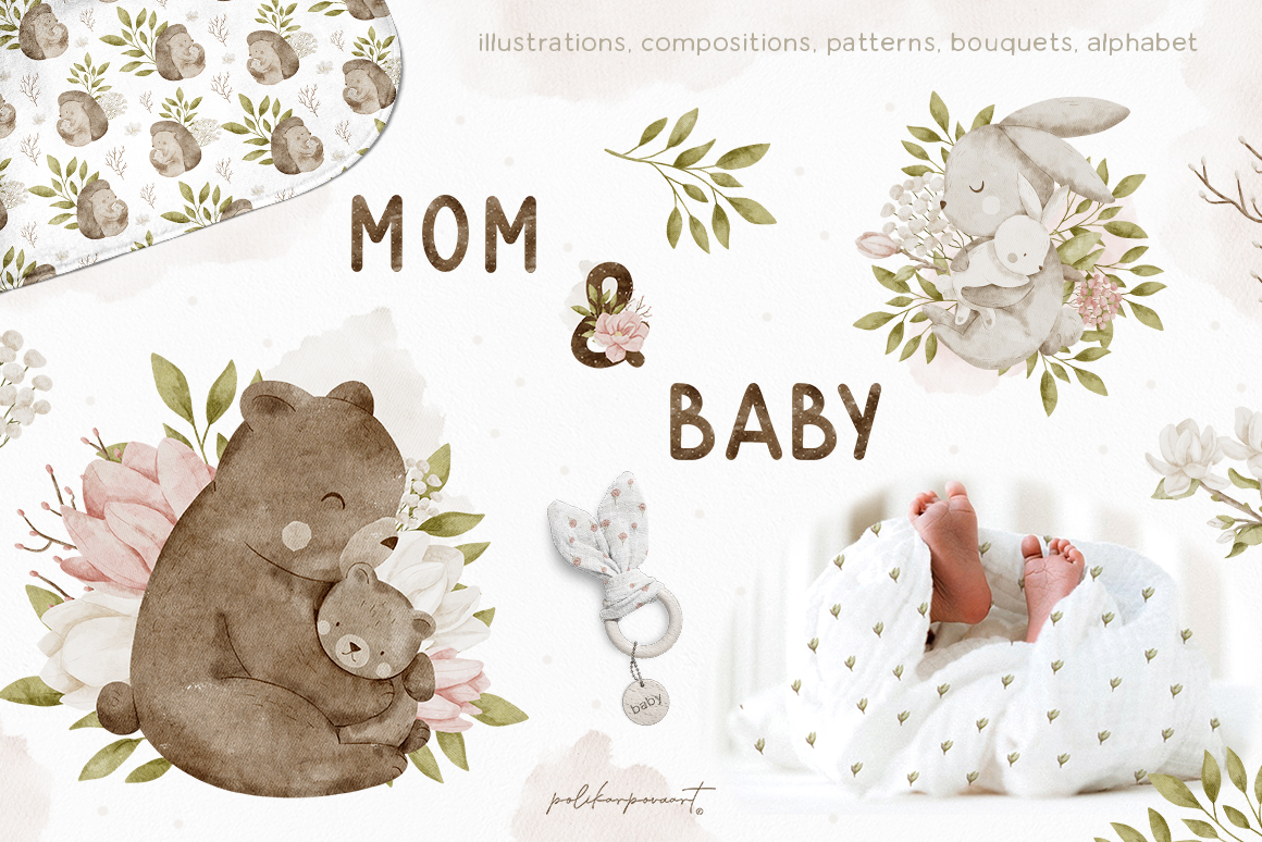 Collection "Mom and baby" - watercolor illustrations and seamless patterns