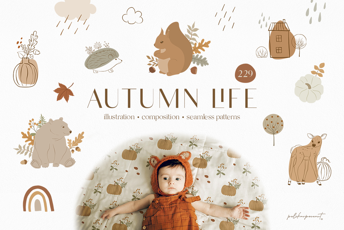 Collection "Autumn life"- children's vector illustrations and patterns