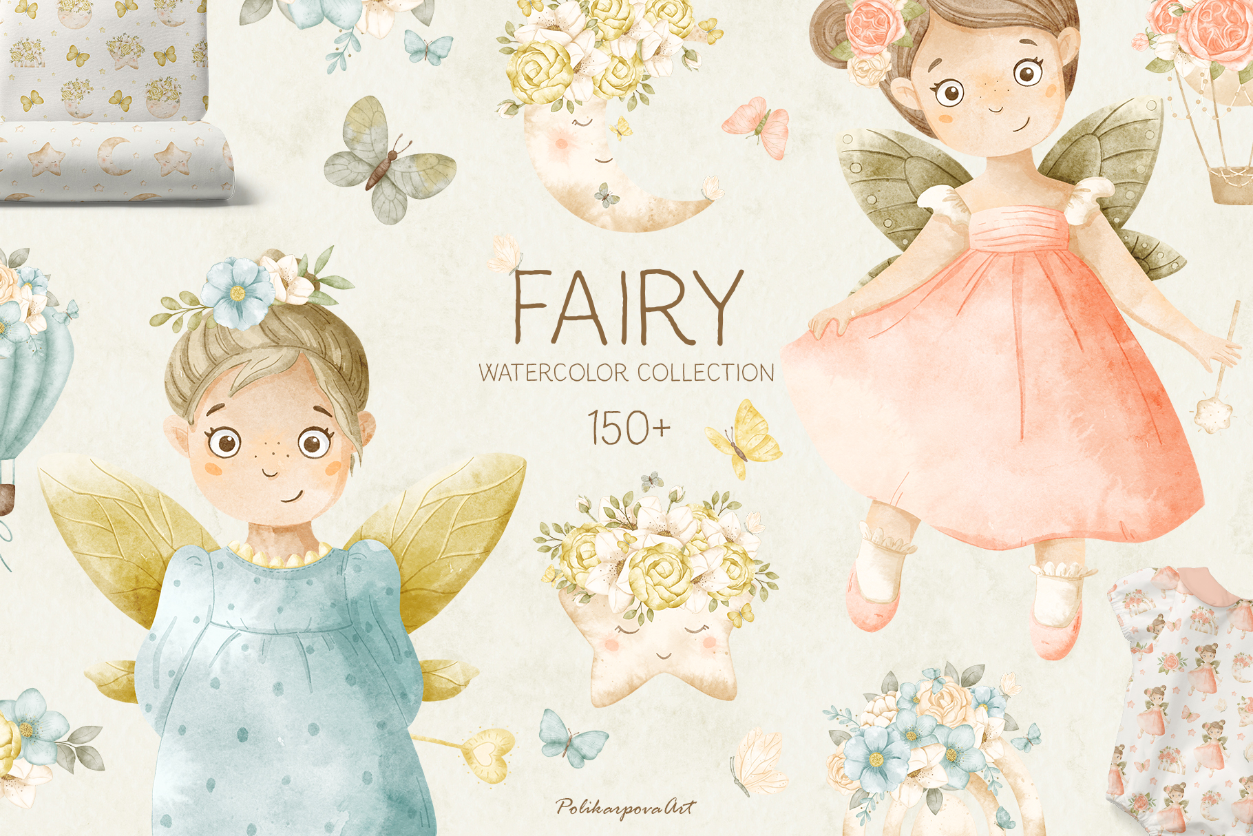 Watercolor collection "Fairy" - children's illustrations, patterns, flower bouquets and wreaths