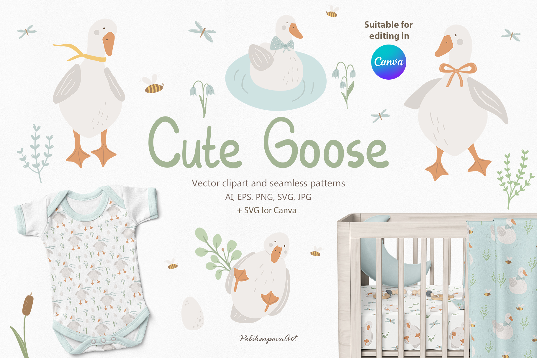 Vector collection "Cute Goose" - children's illustrations and seamless patterns