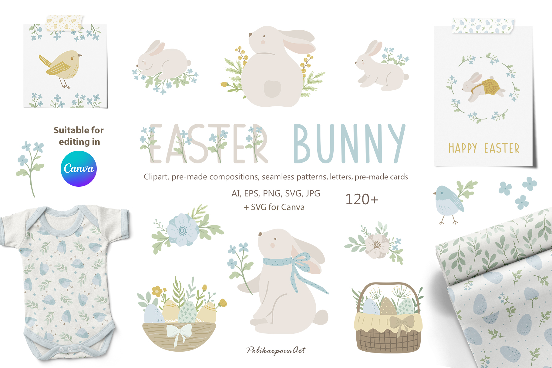 Vector collection "Easter Bunny" - children's illustrations and seamless patterns
