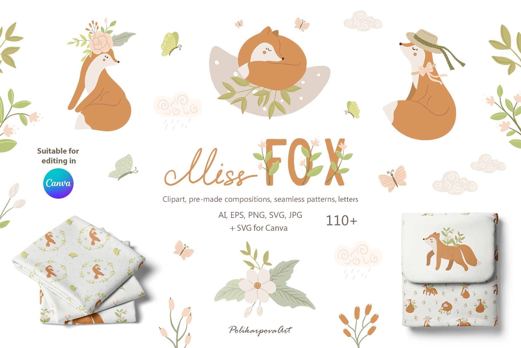Vector collection "Miss Fox" - children's illustrations and seamless patterns