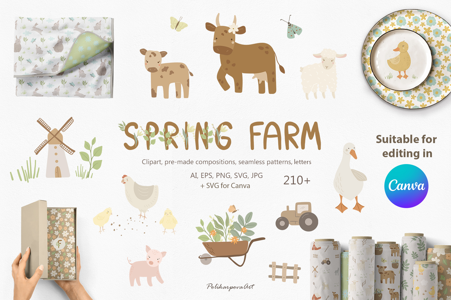 Vector collection "Spring Farm" - children's illustrations and seamless patterns