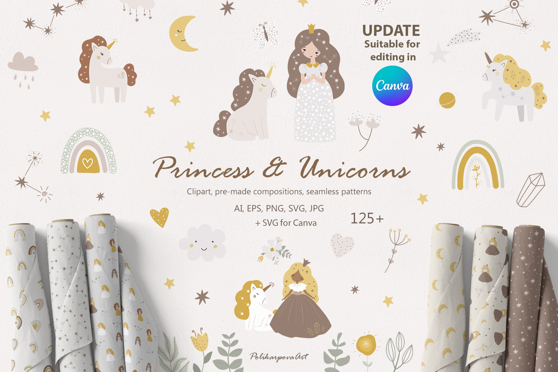 Vector collection "Princess and Unicorn" - children's illustrations and seamless patterns