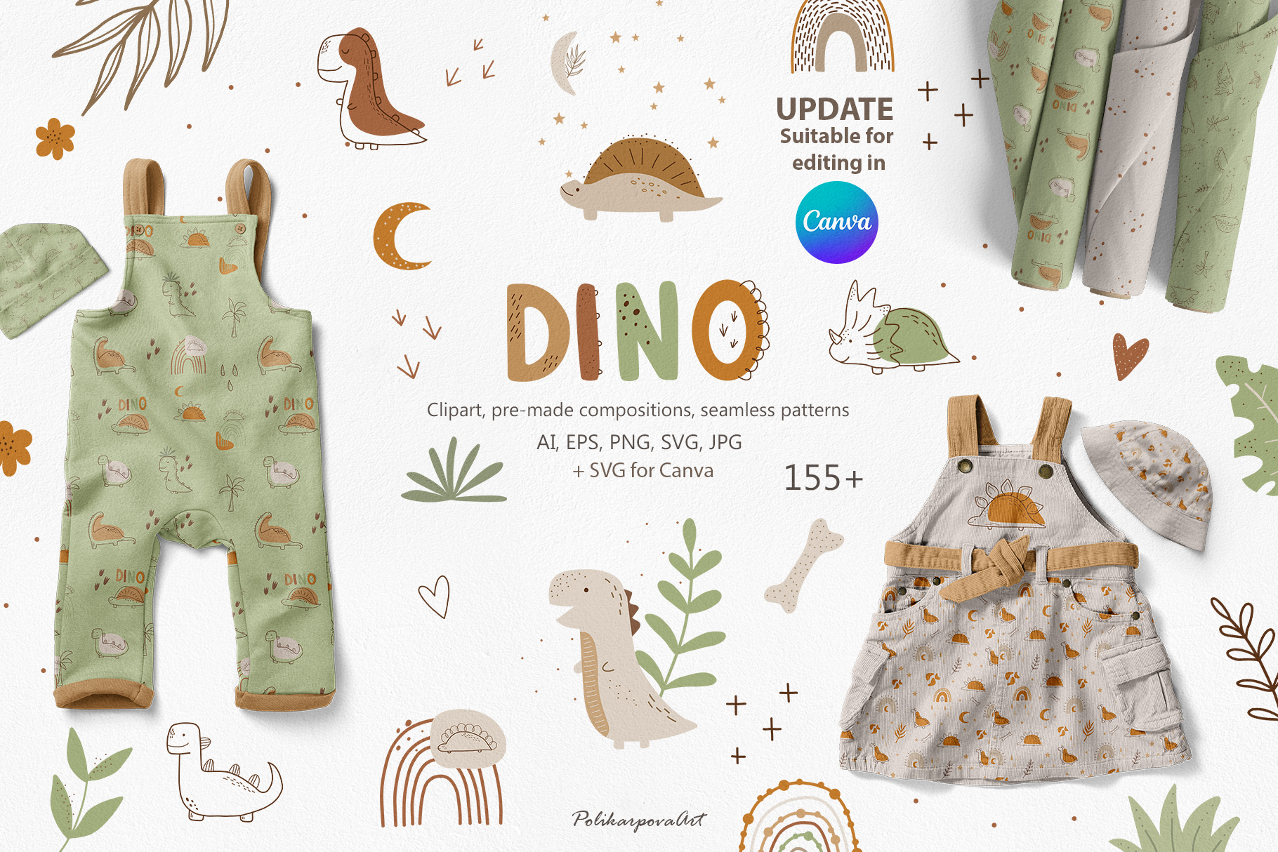 Vector collection "Dinosaurs" - children's illustrations and seamless patterns