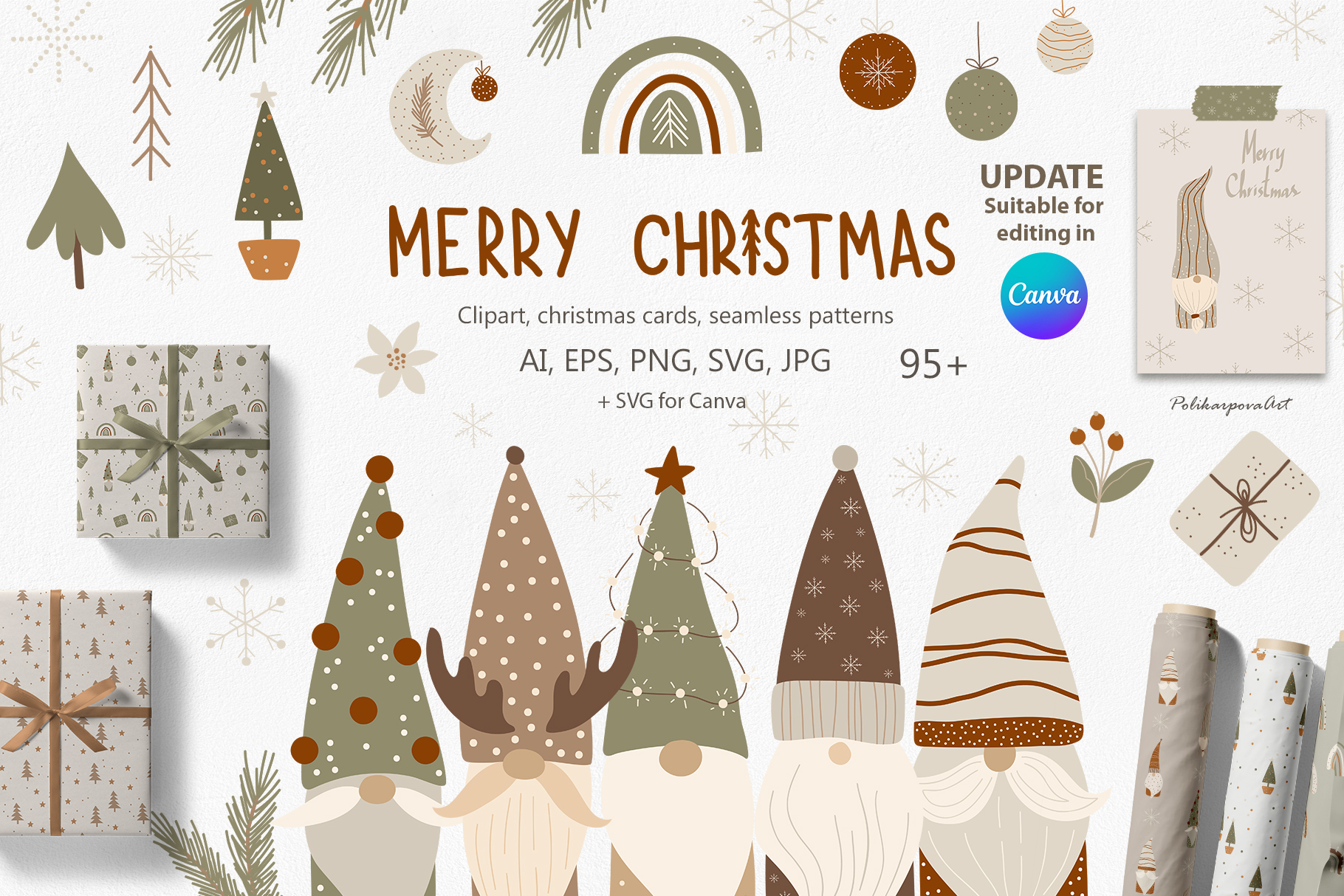Vector collection "Christmas Gnomes" - children's illustrations and seamless patterns