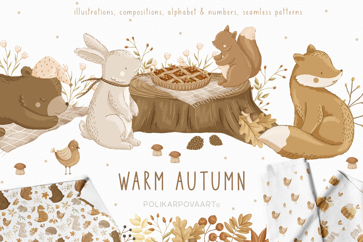 Collection "Warm Autumn" - kids illustrations and patterns, English alphabet