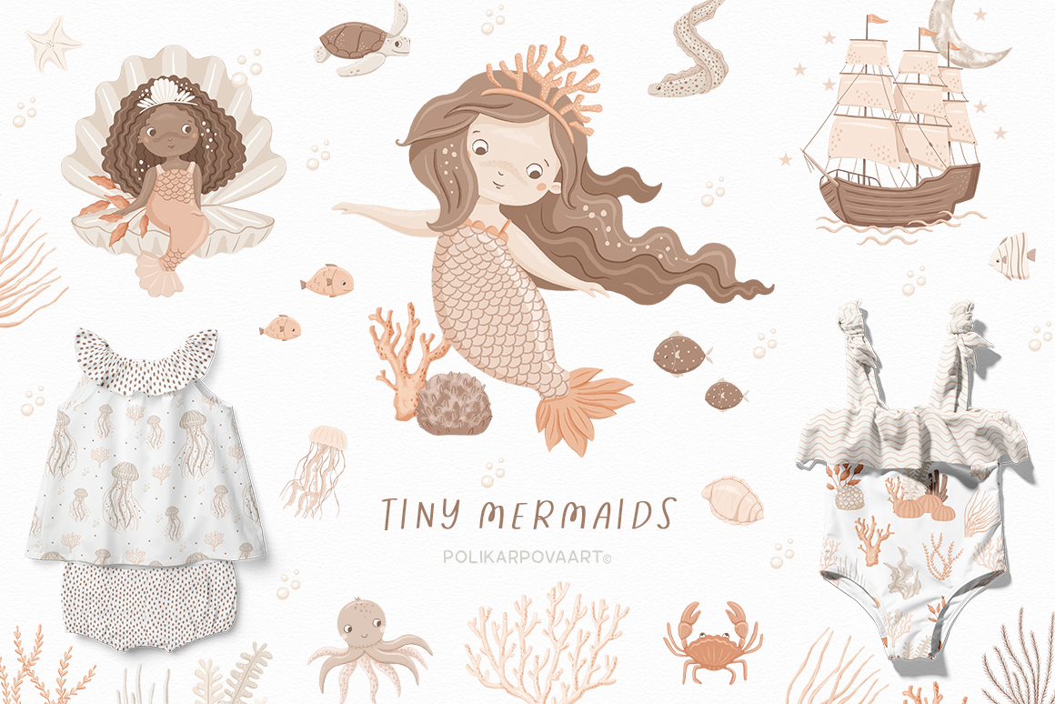 Collection "Tiny mermaids" - baby illustrations and patterns