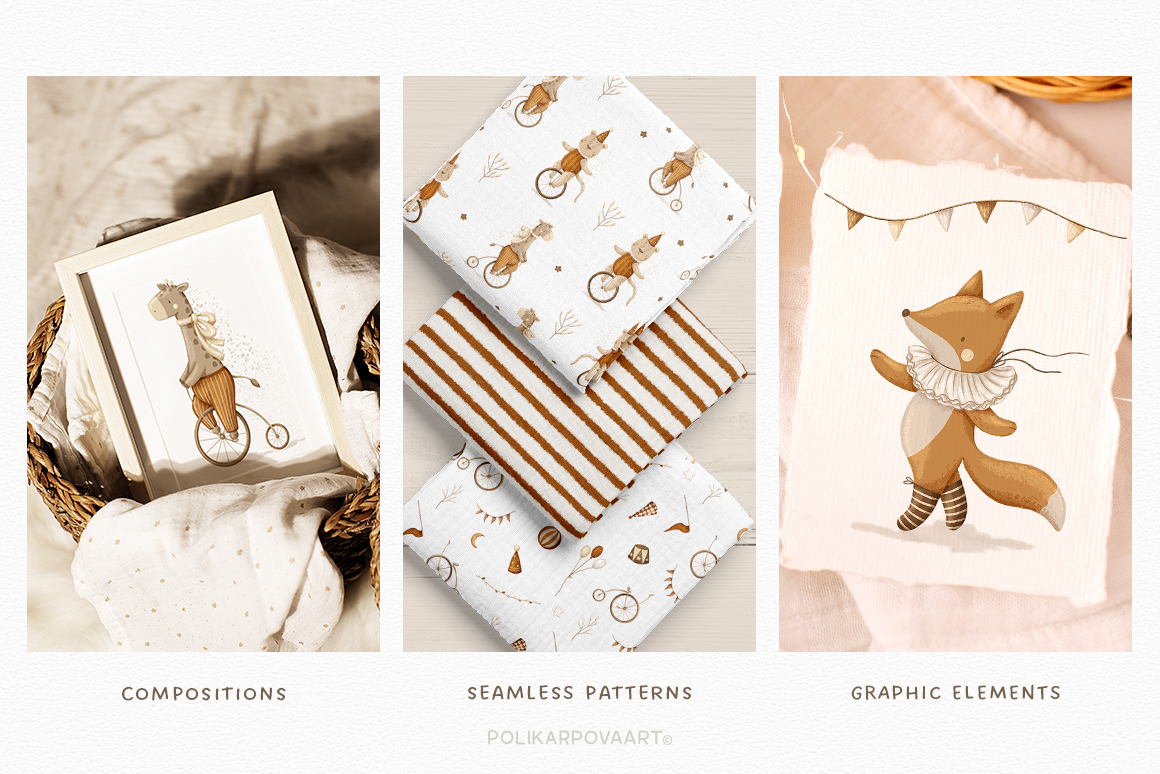 Collection "Circus" - children's illustrations and seamless patterns