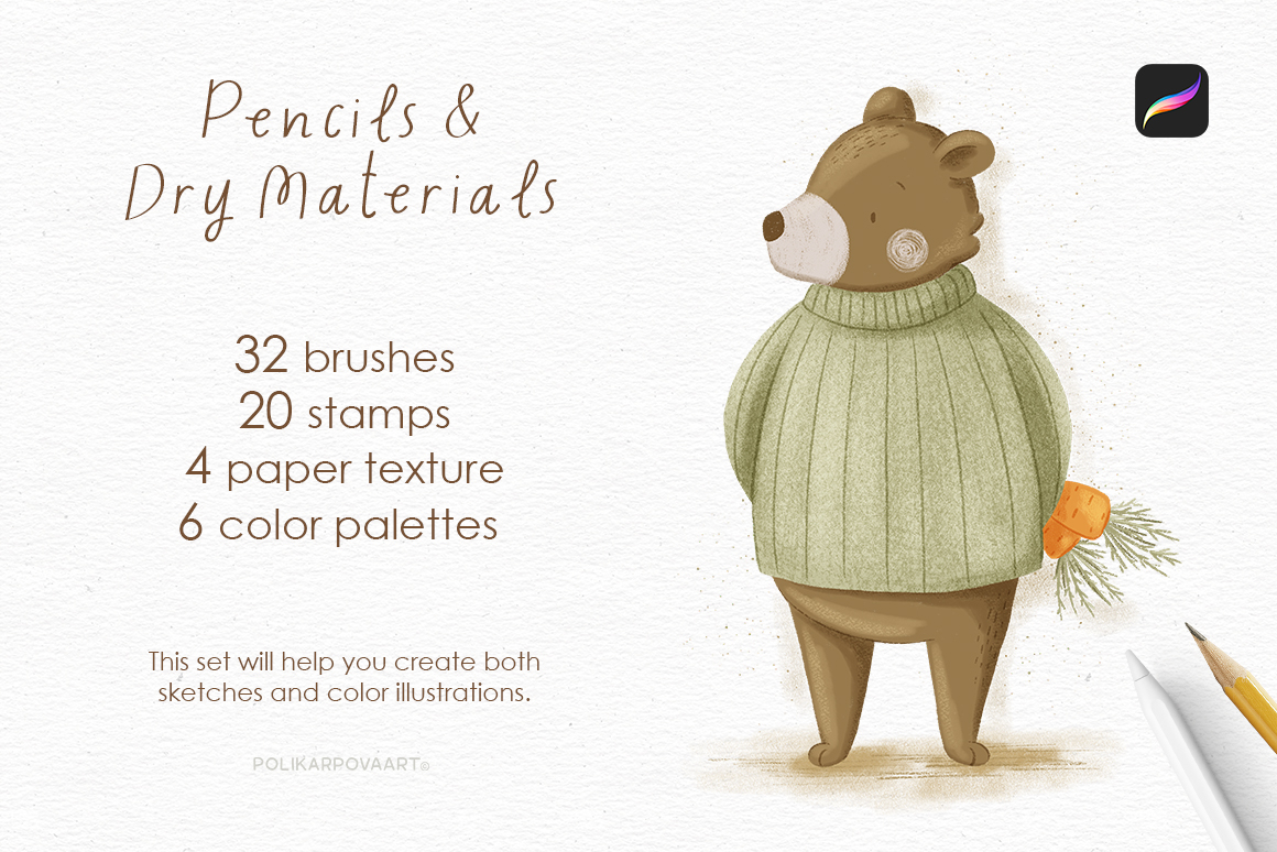 "Pencils & Dry Materials" - pencils brushes and canvas for Procreate