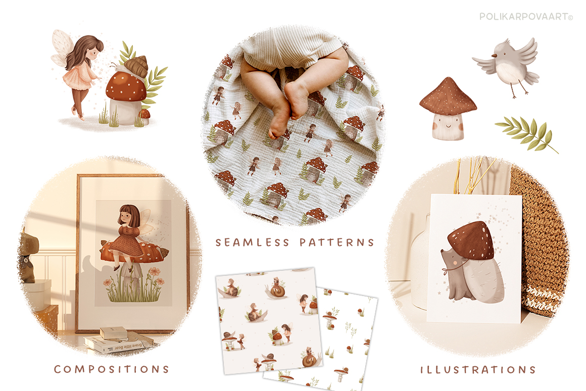 Collection "Mushroom Fairies" - graphic illustrations, compositions and seamless patterns