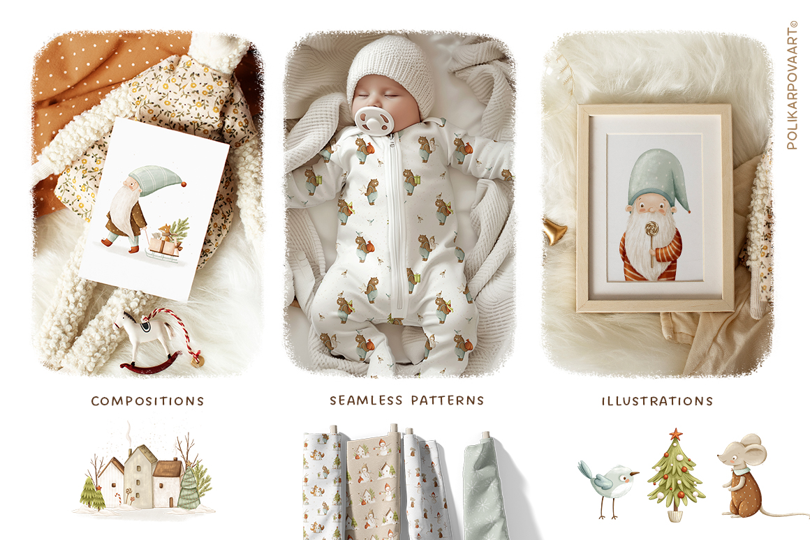 Collection "Happy holidays" - kids illustrations, compositions and seamless patterns