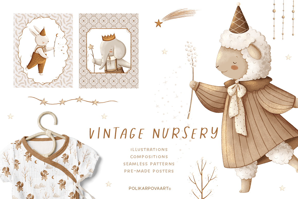 Collection "Vintage nursery" - graphic illustrations, compositions, posters and seamless patterns