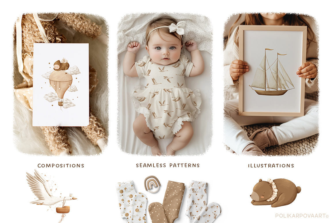 Collection "Sweet dreams, baby" - graphic illustrations, compositions and seamless patterns