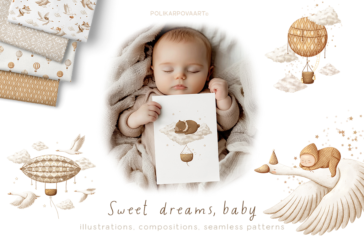 Collection "Sweet dreams, baby" - graphic illustrations, compositions and seamless patterns