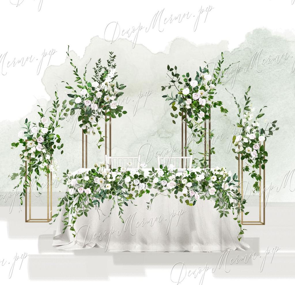 ПРЕЗИДИУМ и стойки с бело-зелеными цветами