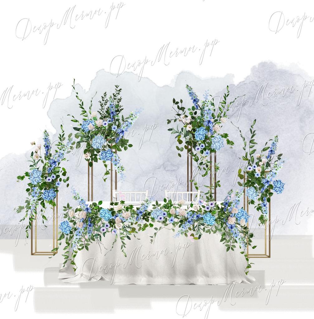 ПРЕЗИДИУМ и стойки с голубыми цветами